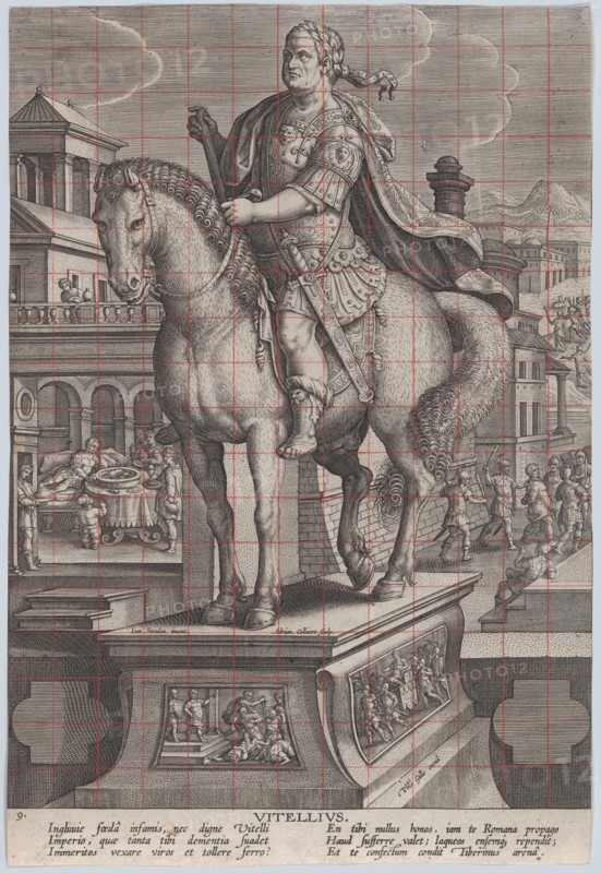Plate 9: equestrian statue of Vitellius, seen three-quarters to the left, with his ..., ca. 1587-89. Creator: Adriaen Collaert.