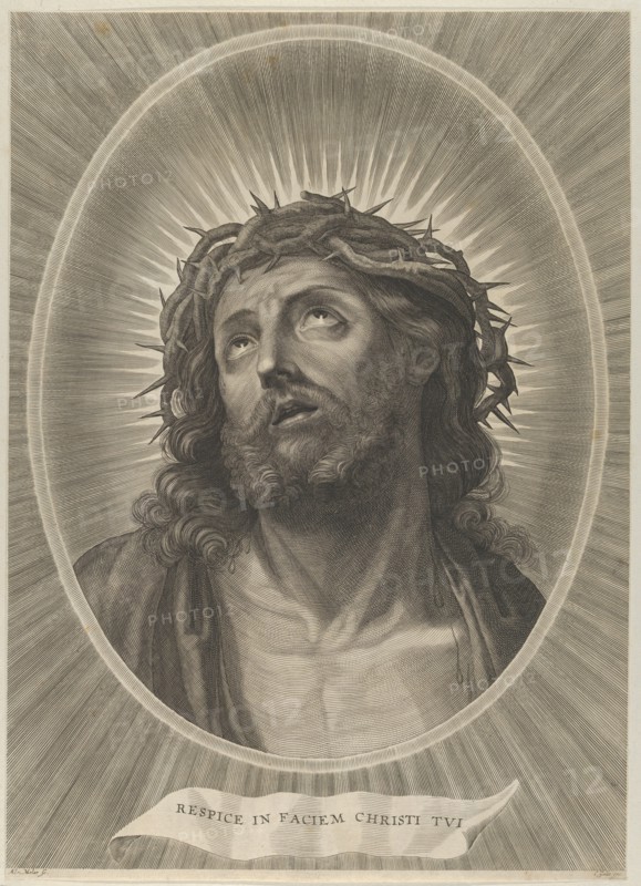 Head of Christ looking up with crown of thorns, in an oval frame, after Reni, ca. 1..., ca. 1653-67. Creator: Adrian van Melar.