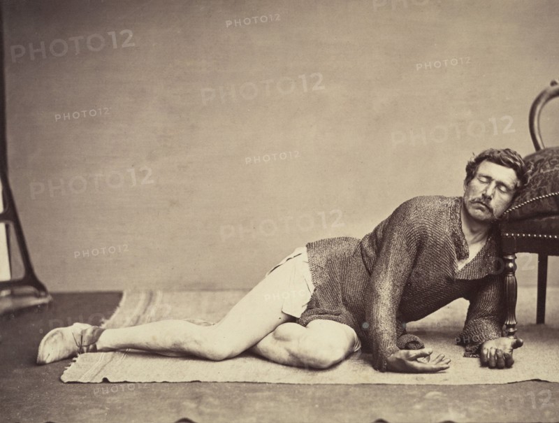 Man in Chainmail Tunic Posing as a Dying Soldier, ca. 1863. Creator: Constant Delessert.