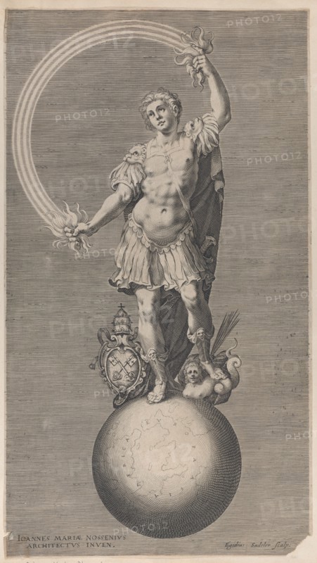 Allegorical figure of a warrior standing on a globe with the papal coat of arms a..., ca. 1588-1629. Creator: Aegidius Sadeler II.