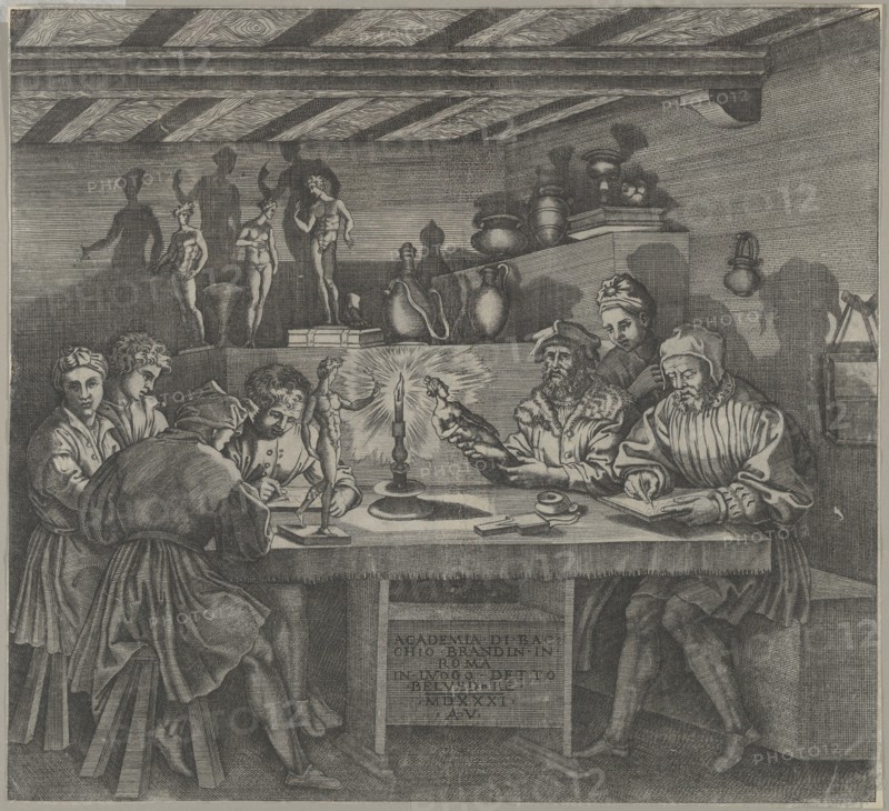 Baccio Bandinelli in his studio holding a statuette of Venus, students sketching from a mo..., 1531. Creator: Agostino Veneziano.