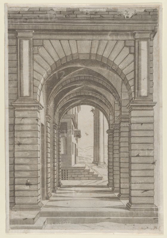 Speculum Romanae Magnificentiae: Front of a Building seen sideways through an arca..., 16th century. Creator: Anon.