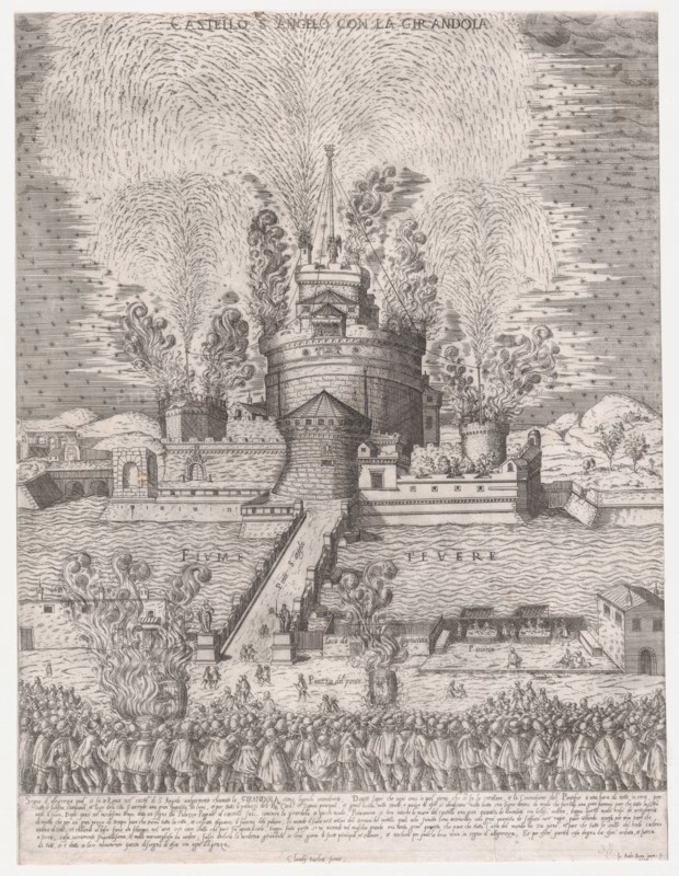 Speculum Romanae Magnificentiae: The Girandola at the Castel Sant'Angelo, Rome, 1579, 1579., 1579. Creator: Giovanni Ambrogio Brambilla.