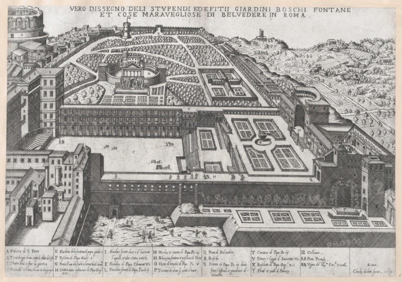 Speculum Romanae Magnificentiae: Aerial View of the Belvedere and its Gardens, 1579., 1579. Creator: Attributed to Giovanni Ambrogio Brambilla.