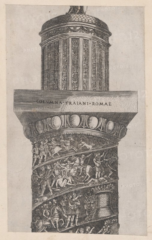 Speculum Romanae Magnificentiae: The upper portion of Trajan's Column, showing ara..., 16th century. Creator: Master GA.