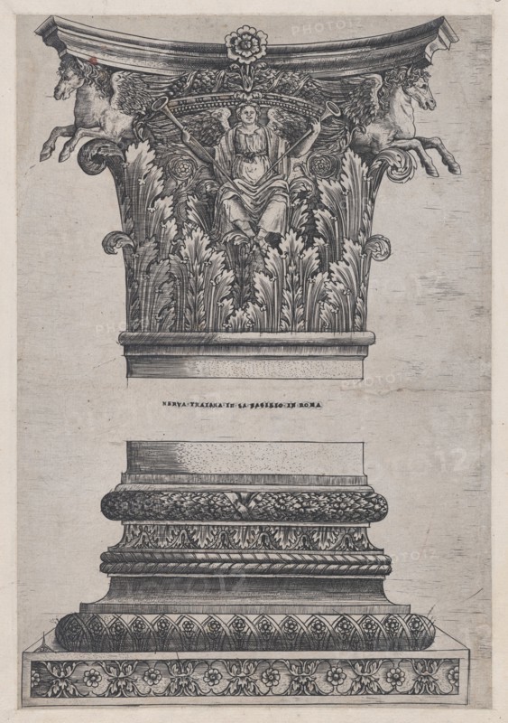 Speculum Romanae Magnificentiae: Pegasus capital from the Temple of Mars Ultor and dec..., ca. 1537. Creator: Master GA.