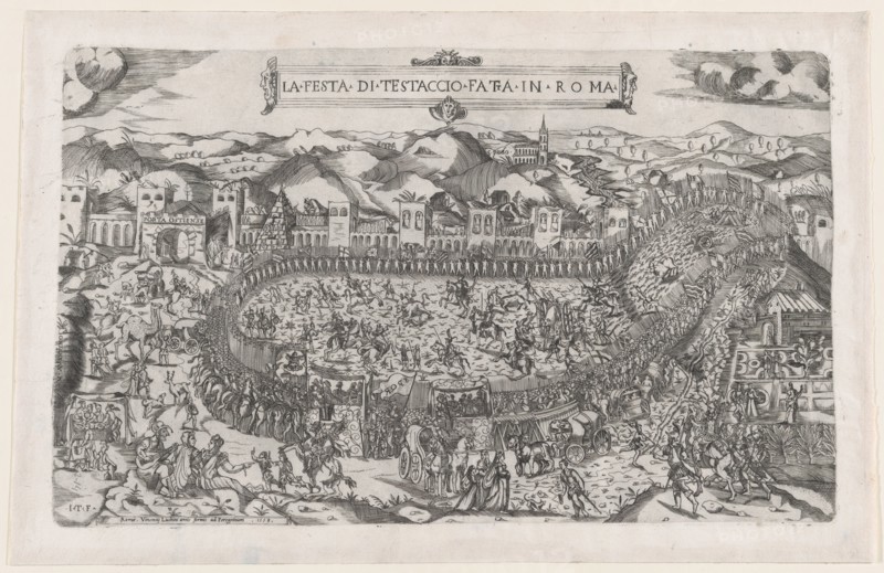 Speculum Romanae Magnificentiae: Carnival games held in the Mount Testaccio in Rome, 1558., 1558. Creators: Vincenzo Luchino, Monogrammist ITF.