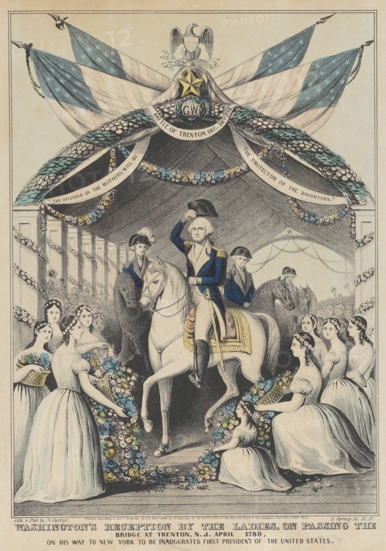 Washington's Reception by the Ladies on Passing the Bridge at Trenton, N.J., April 1789, o..., 1845. Creator: Nathaniel Currier.