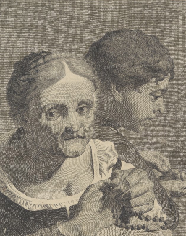 Copy in reverse of an old woman with a rosary and a boy counting coins; plate 10 fr..., ca. 1750-90. Creator: Niccolò Cavalli.