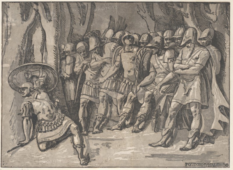 Ajax lower left holding a shield aloft, at the right stands Agamemnon surrounded by his..., 1540-50. Creator: Niccolo Vicentino.