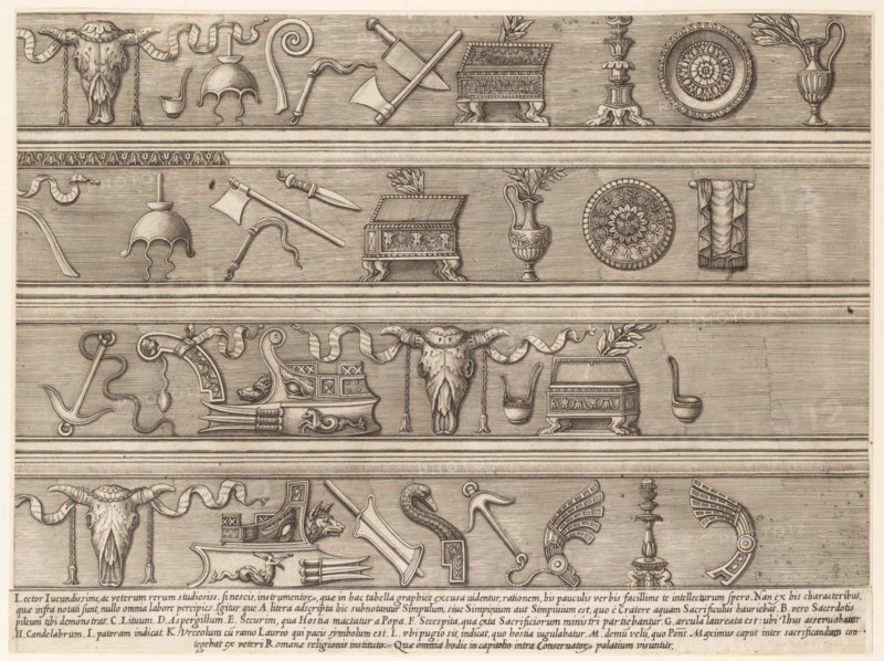 Speculum Romanae Magnificentiae: Sacrificial Instruments Based on Ancient Relief Sc..., ca. 1550-75. Creator: Attributed to Nicolas Beatrizet.