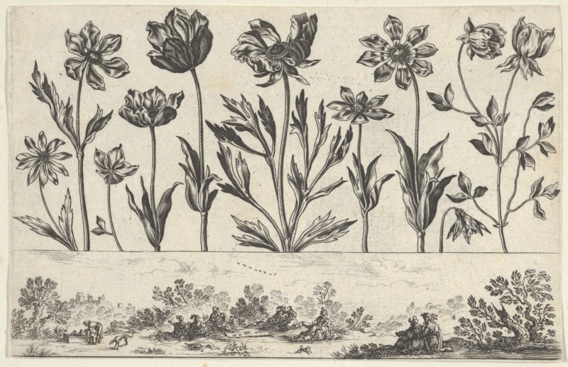 Horizontal Panel with a Row of Flowers Above a Frieze with Figures in a Landscape, from Li..., 1645. Creator: Nicolas Cochin.