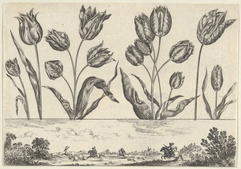 Horizontal Panel with a Row of Flowers Above a Frieze with a Hunting Scene in a Landscape,..., 1645. Creator: Nicolas Cochin.