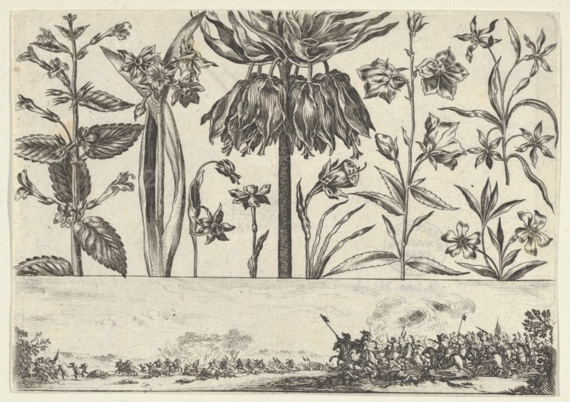 Horizontal Panel with a Row of Flowers Above a Frieze with a Battle Scene in a Landscape, ..., 1645. Creator: Nicolas Cochin.
