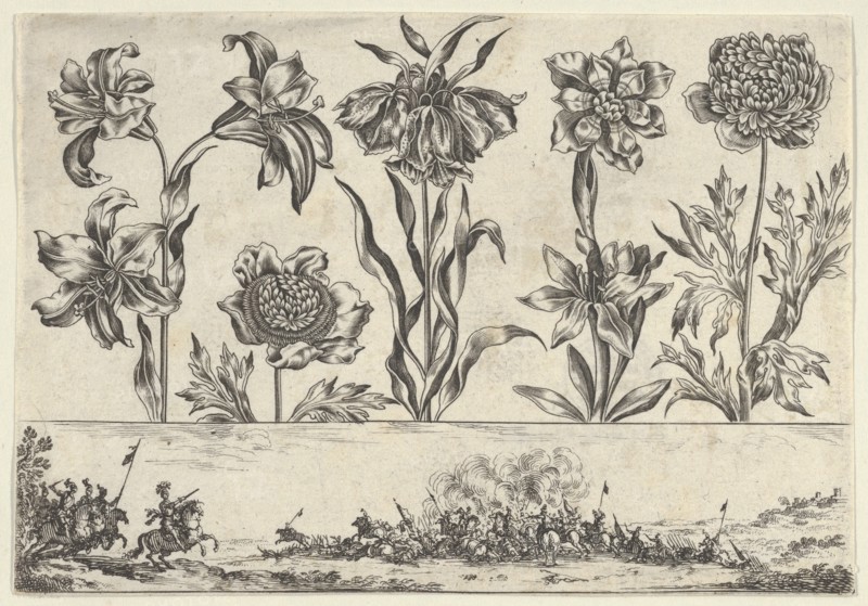 Horizontal Panel with a Row of Flowers Above a Frieze with a Battle Scene in a Landscape, ..., 1645. Creator: Nicolas Cochin.
