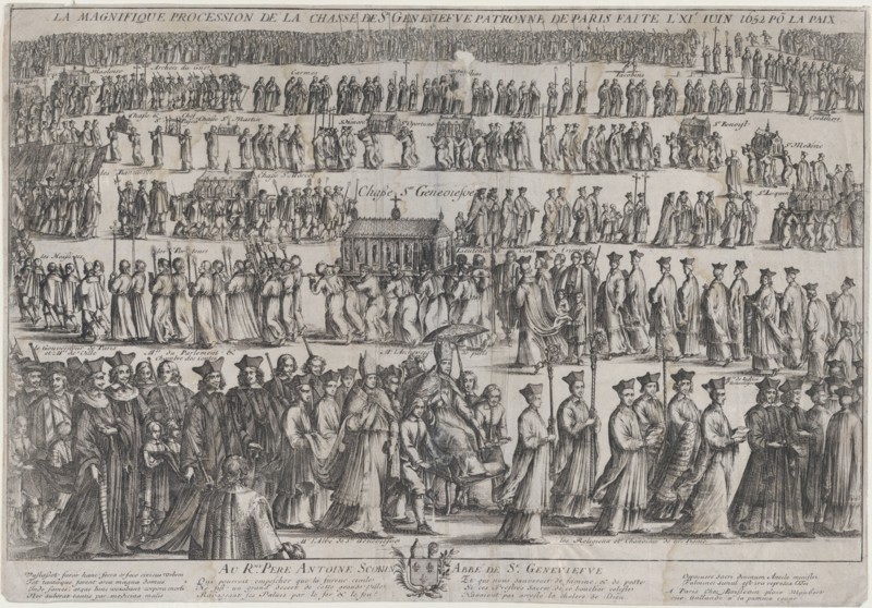 The procession of the casket of St. Genevieve, with clerics and laymen marching in six row..., 1652. Creator: Nicolas Cochin.