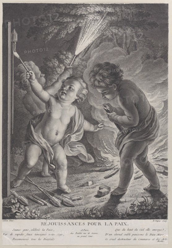 Celebrating Peace (Réjouissances pour la paix), three putti with fireworks, 1745-71., 1745-71. Creator: Nicolas-Gabriel Dupuis.
