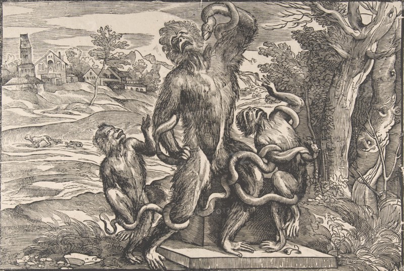 Caricature of the scuptural group, 'the Laocoön', ca. 1540-45., ca. 1540-45. Creator: Attributed to Nicolò Boldrini.