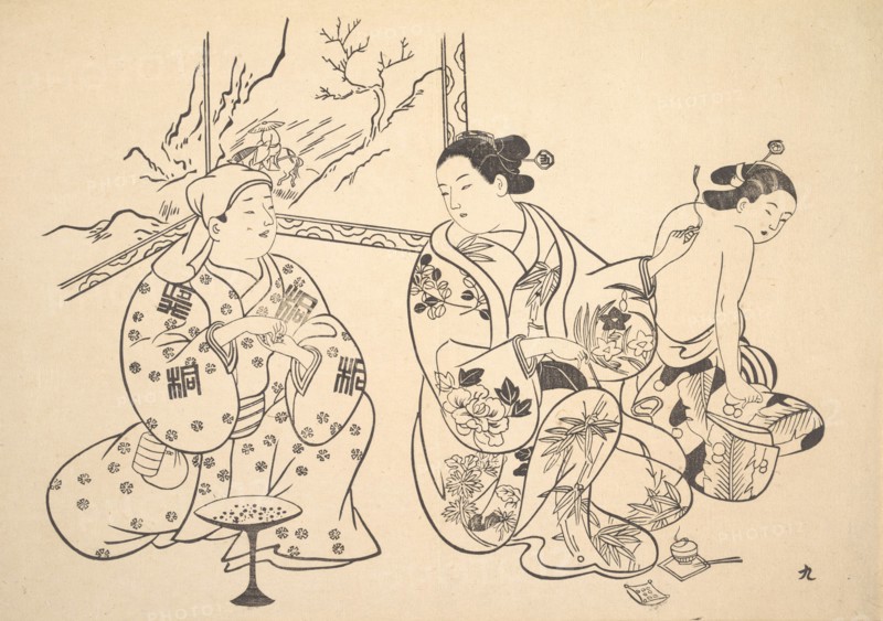 An Oiran Seated in a Parlor Applies the Fire Treatment to the Bared Back of Another Woman. Creator: Unknown.
