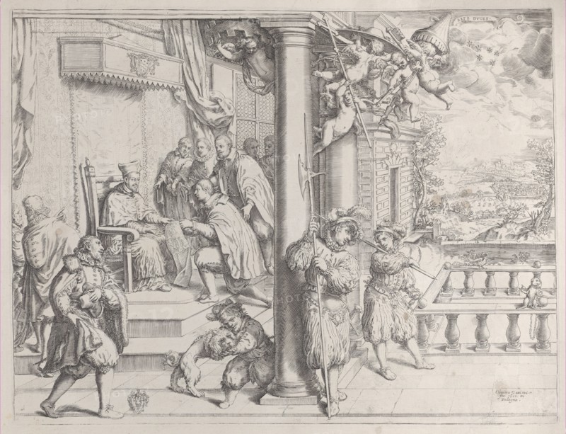 A Young Man Presenting his Thesis to Cardinal Aldobrandini, 1620., 1620. Creator: Oliviero Gatti.