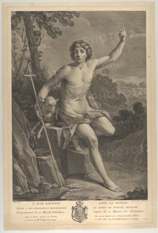 Saint John the Baptist in the desert, seated on a rock and pointing upward with his left h..., 1770. Creators: Guido Reni, Pedro Pascual Moles.