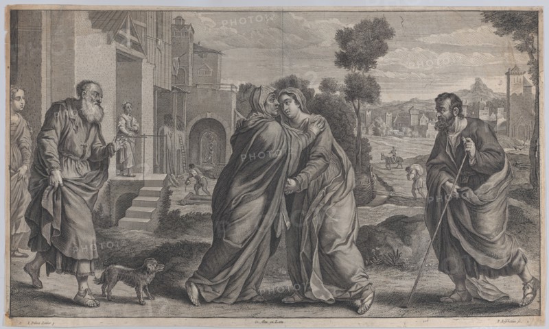Visitation; Saint Elizabeth embracing the Virgin at center as Saint Joseph walks to..., ca. 1656-60. Creators: Pieter van Lisebetten, David Teniers II.