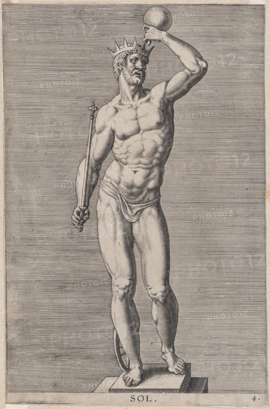Plate 4: Apollo; statue of the nude god standing on a socle, wearing a crown and holding a..., 1586. Creator: Philip Galle.
