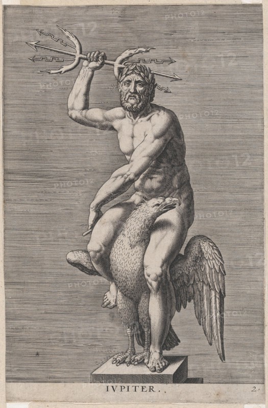 Plate 2: Jupiter; statue of the nude god seated on an eagle, holding a double trident; fro..., 1586. Creator: Philip Galle.