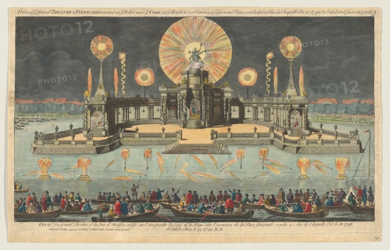 A View of ye Grand Theatre & Fireworks erected on ye Water near ye Court at ye Hague (on O..., 1794. Creator: Robert Laurie.