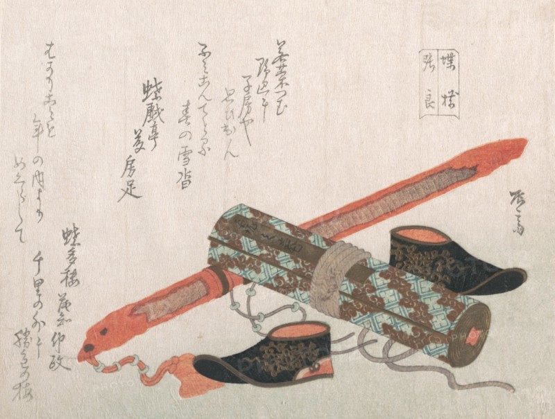Sword, Shoes and a Scroll, Representing the Chinese Warrior Choryo, 19th century., 19th century. Creator: Shinsai.