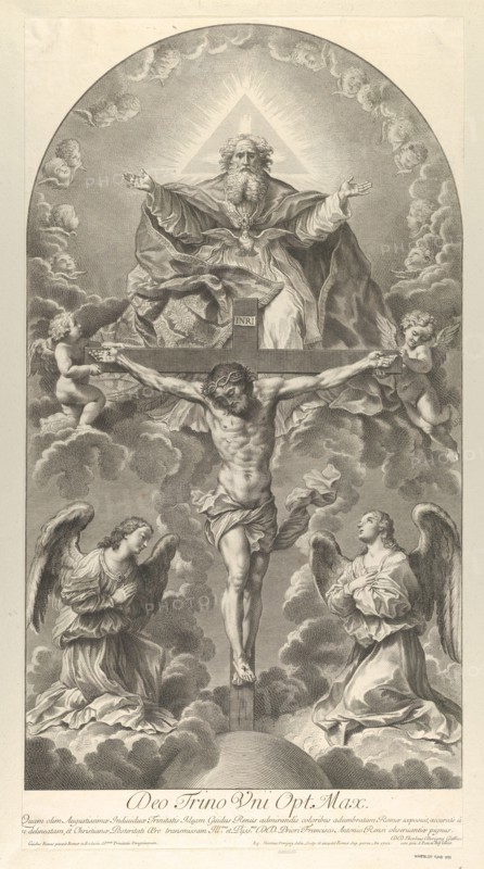 The Holy Trinity; Christ on the cross flanked by two angels, the Holy Spirit as a dove and..., 1702. Creator: Nicolas Dorigny.