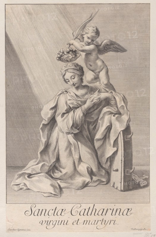 Saint Catherine of Alexandria, kneeling with her elbow resting on the spiked wheel, and an..., 1698. Creator: Nicolas Dorigny.