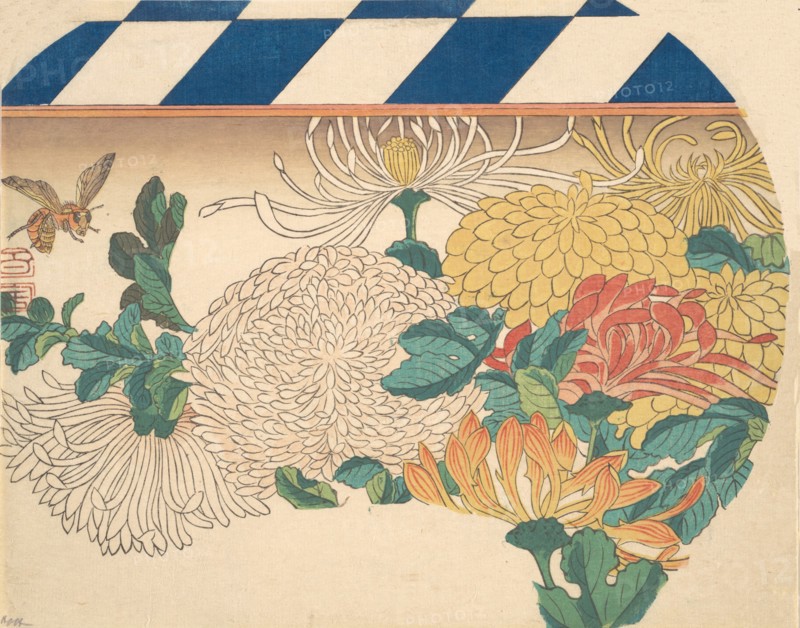 Chrysanthemums in Fan-shaped Design, 1840s., 1840s. Creator: Ando Hiroshige.