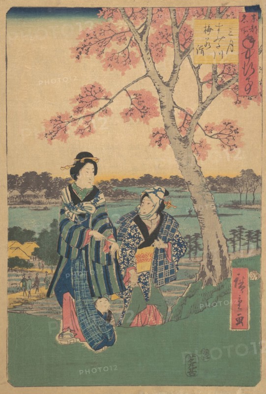 Plum-blossom viewing in the third month at Sumida River from the series Annual Events at F..., 1854. Creator: Ando Hiroshige.