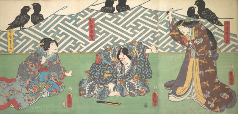 Three Actors on Stage: Kumagai Naozane, 1858., 1858. Creator: Utagawa Kunisada.
