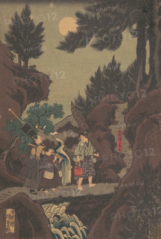 Shanao [Yoshitsune] Learns Martial Arts in Sojogatani (Shanao Sojogatani ni h..., 1830s (Tenpô era). Creator: Utagawa Kunisada.