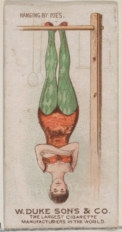 Hanging by Toes, from the Gymnastic Exercises series (N77) for Duke brand cigarettes, 1887., 1887. Creator: Unknown.