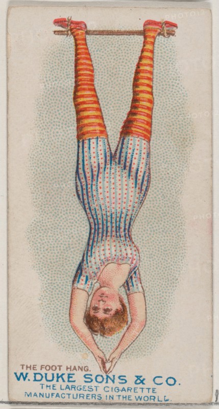 The Foot Hang, from the Gymnastic Exercises series (N77) for Duke brand cigarettes, 1887., 1887. Creator: Unknown.