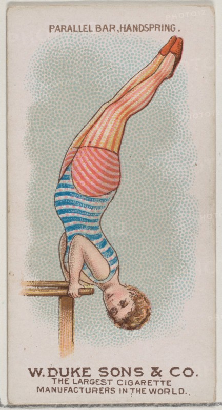 Parallel Bar, Handspring, from the Gymnastic Exercises series (N77) for Duke brand cigaret..., 1887. Creator: Unknown.