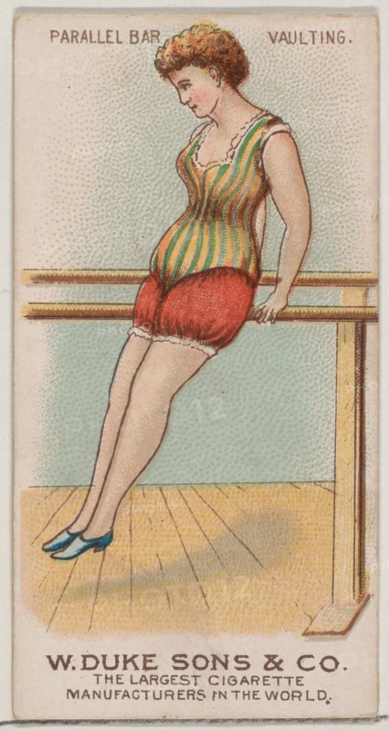 Parallel Bars, Vaulting, from the Gymnastic Exercises series (N77) for Duke brand cigarett..., 1887. Creator: Unknown.