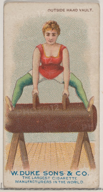 Outside Hand Vault, from the Gymnastic Exercises series (N77) for Duke brand cigarettes, 1887., 1887 Creator: Unknown.