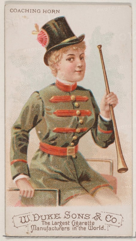 Coaching Horn, from the Musical Instruments series (N82) for Duke brand cigarettes, 1888., 1888. Creator: Schumacher & Ettlinger.