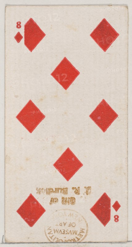 Eight Diamonds (red), from the Playing Cards series (N84) for Duke brand cigarettes, 1888., 1888. Creator: Unknown.