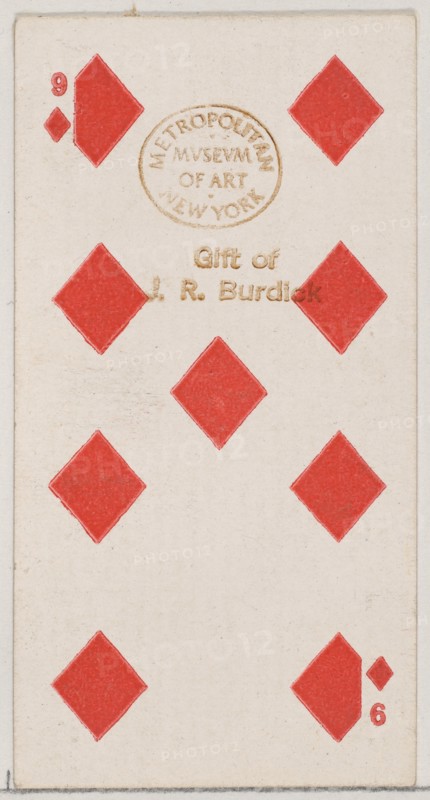 Nine Diamonds (red), from the Playing Cards series (N84) for Duke brand cigarettes, 1888., 1888. Creator: Unknown.
