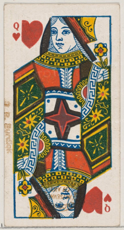 Queen of Hearts (red), from the Playing Cards series (N84) for Duke brand cigarettes, 1888., 1888. Creator: Unknown.