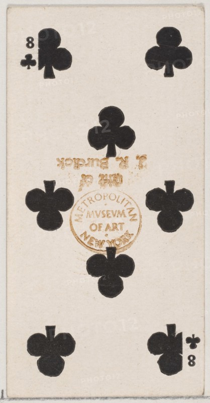 Eight Clubs (black), from the Playing Cards series (N84) for Duke brand cigarettes, 1888., 1888. Creator: Unknown.