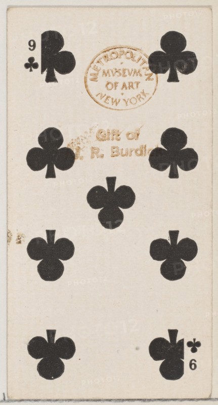 Nine Clubs (black), from the Playing Cards series (N84) for Duke brand cigarettes, 1888., 1888. Creator: Unknown.