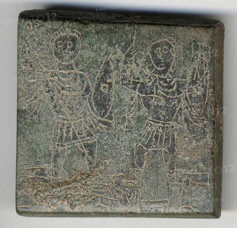 Balance Weight with Two Emperors Hunting a Snake, Byzantine, 4th-5th century. Greek letters identify a three-ounce weight.