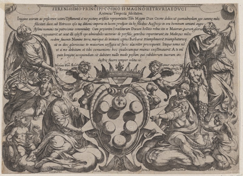 Frontispiece to 'The Battles of the Old Testament' with the arms of the Medici Crowned by Two Putti, 1660.