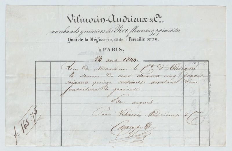Invoice from Vilmorin-Andrieux et Cie, Paris, for seed supplies to the Count of Andigné, August 24, 1844.